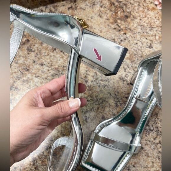 Good American Silver Block Heel Square Toe Sandals in Silver 7.5 - Picture 10 of 11